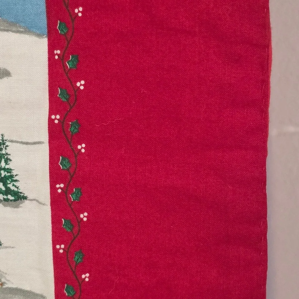 Vintage Christmas Winter Village Scenic Red Border Wall Hanging Ribbon Loops